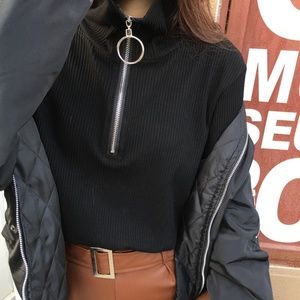 rib knit half-zip black turtleneck top